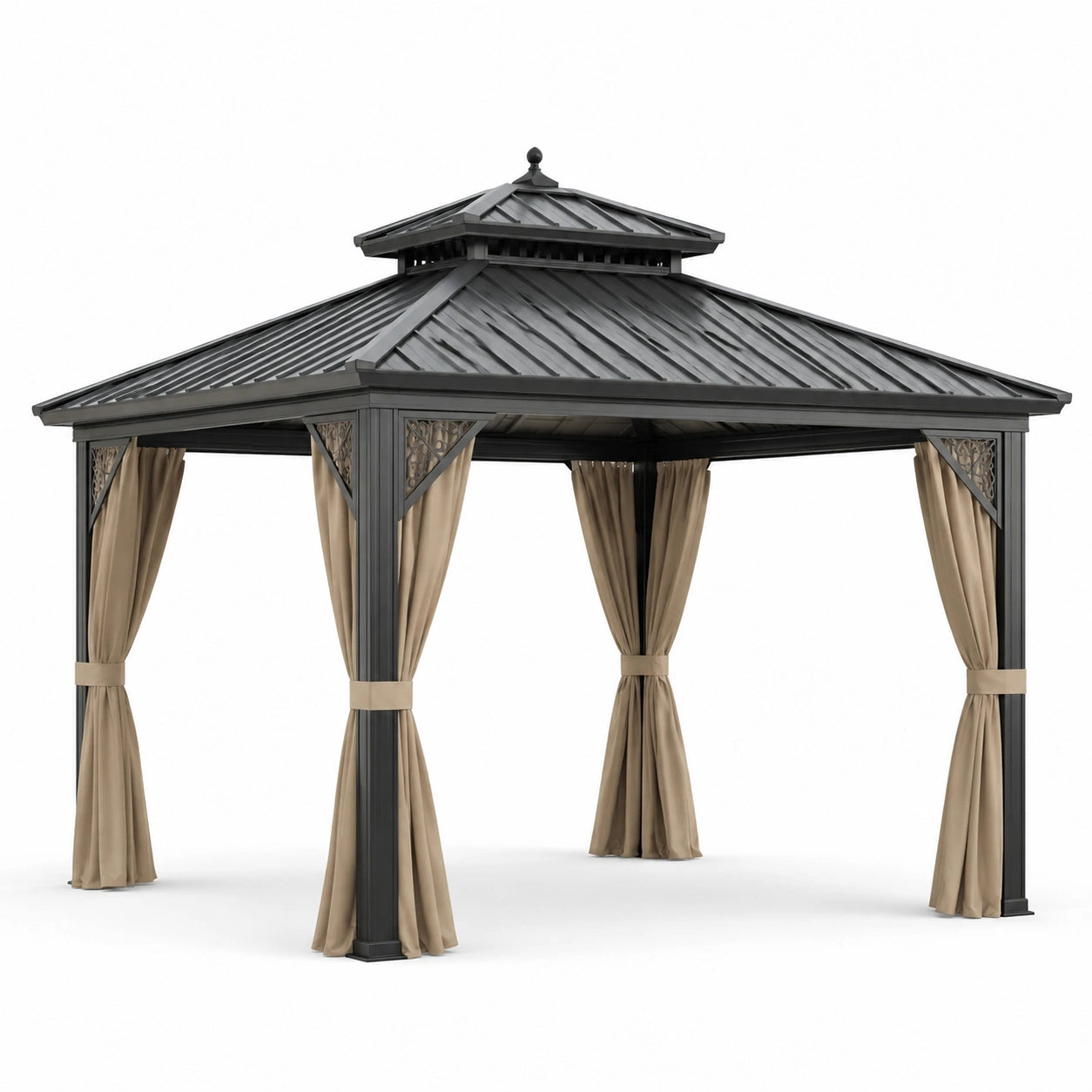 Metall Pavillon mit Stahlrahmen und Polyester Vorhängen, 300x400 cm, Anthrazit/Braun
