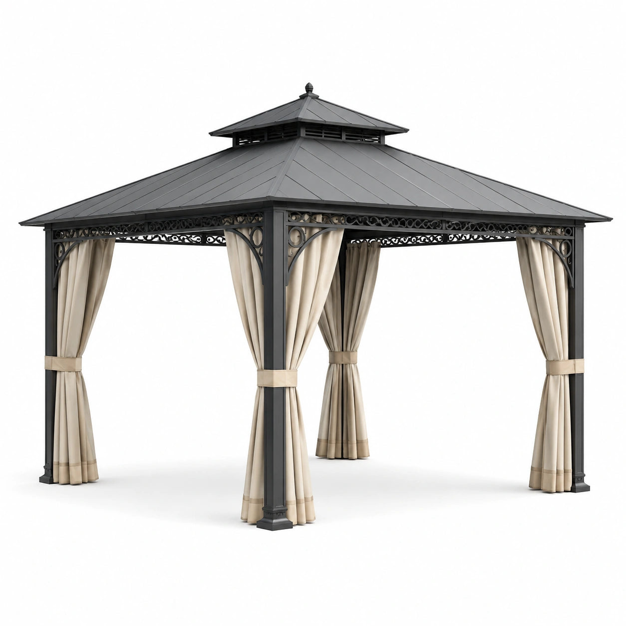 Aluminium Gartenpavillon mit Polycarbonatdach und Polyester Vorhängen Beige 3x4m