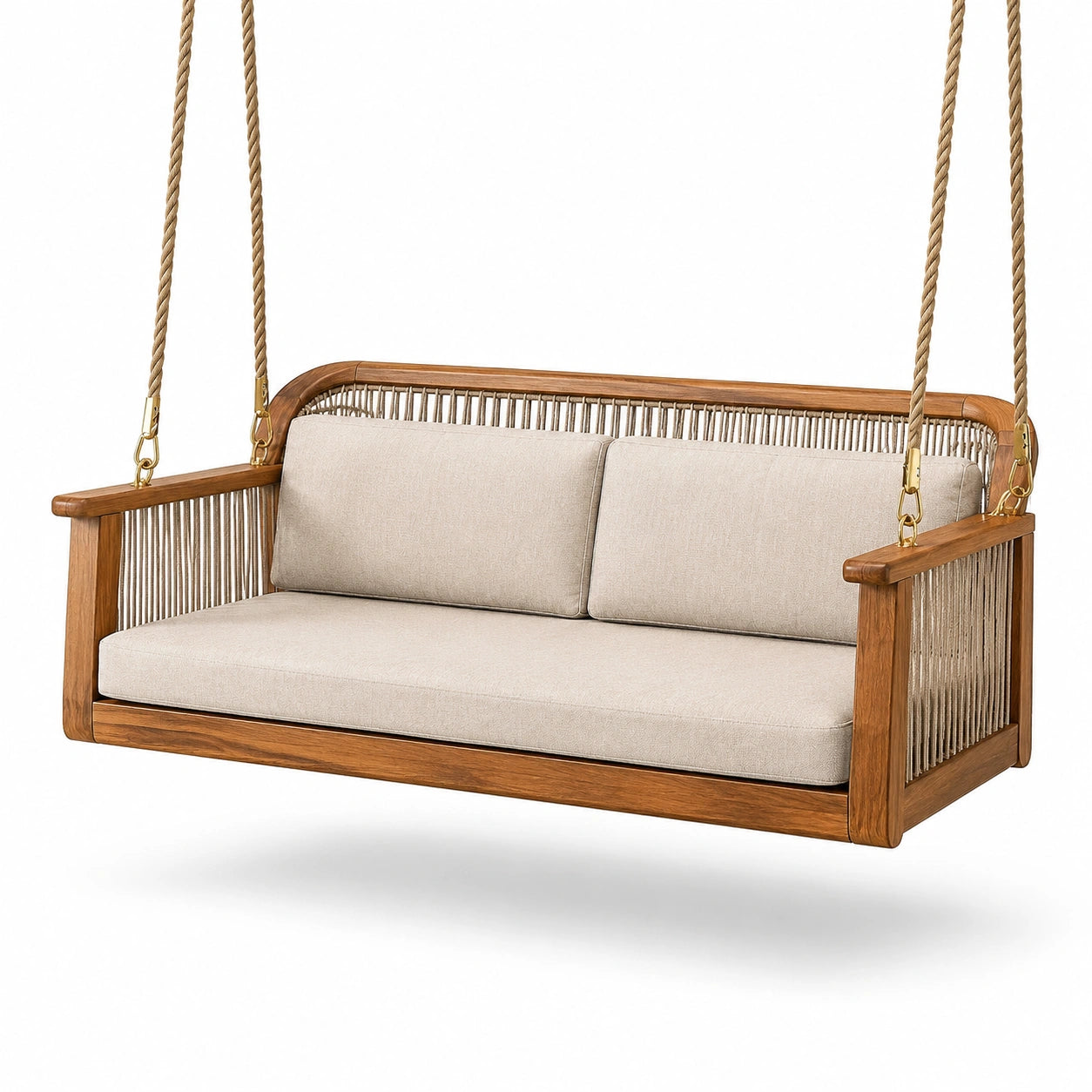 Teakholz-Schaukelbank mit Polyesterkissen Beige