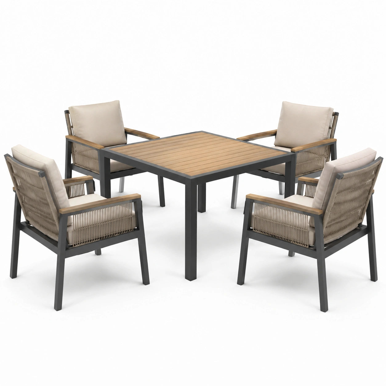 Essgruppe aus Aluminium mit Polywood Tisch und Polyrattan Stühlen in Beige