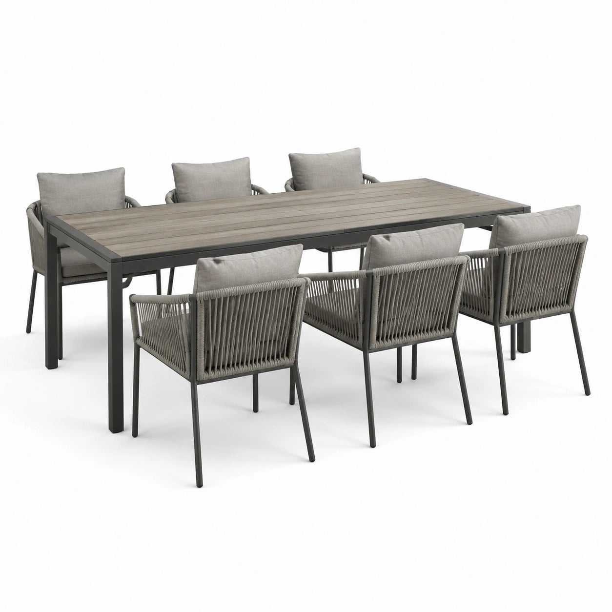 Garten-Essgruppe aus Aluminium mit Polywood-Tischplatte und Polyesterkissen, grau