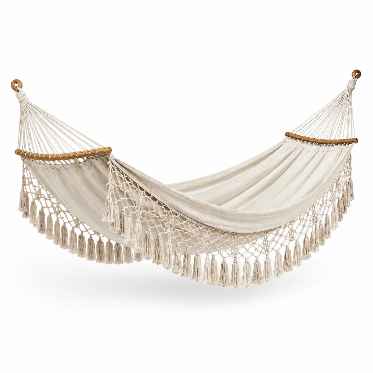 Baumwoll-Hängematte mit Holzstäben Beige 200x150 cm