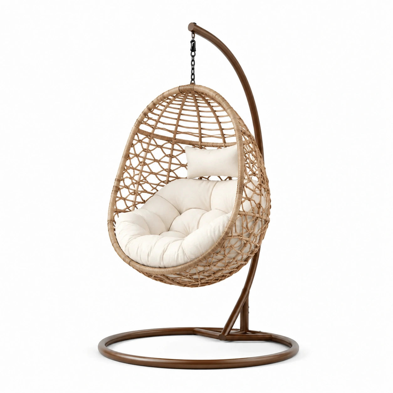 Rattan-Hängesessel mit Stahlrahmen und Polyesterkissen